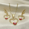 Oro Laminado Earring and Pendant Adult Set, Gold Filled Style Heart and Evil Eye Design, with White Crystal, Red Enamel Finish, Golden Finish, 10.351.0015.2