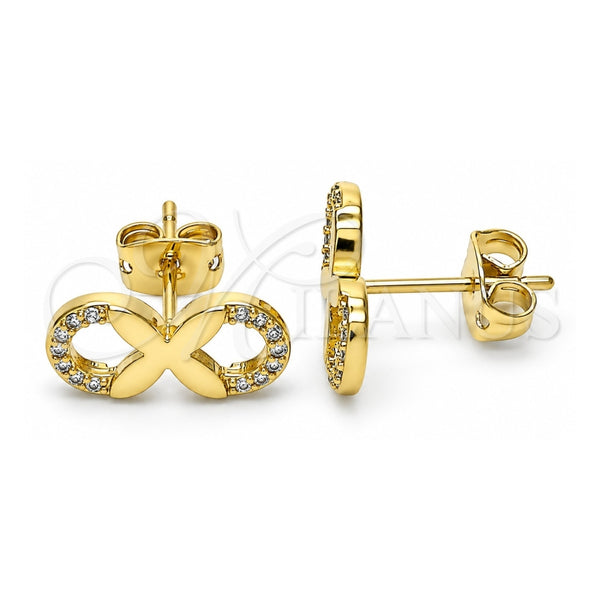 Oro Laminado Stud Earring, Gold Filled Style Infinite Design, with White Micro Pave, Polished, Golden Finish, 02.156.0529