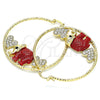 Oro Laminado Large Hoop, Gold Filled Style Elephant and Heart Design, with White and Black Crystal, Red Resin Finish, Golden Finish, 02.380.0051.50