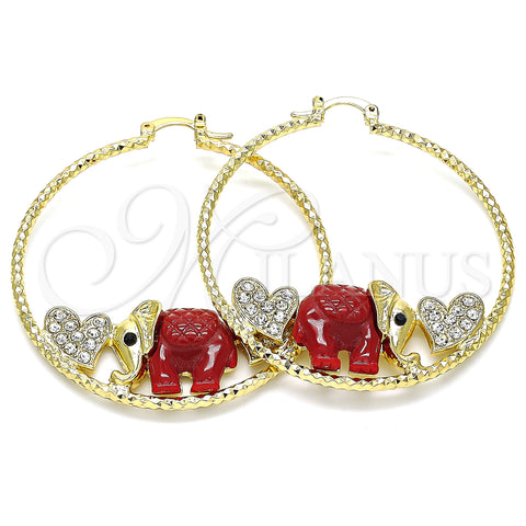 Oro Laminado Large Hoop, Gold Filled Style Elephant and Heart Design, with White and Black Crystal, Red Resin Finish, Golden Finish, 02.380.0051.50