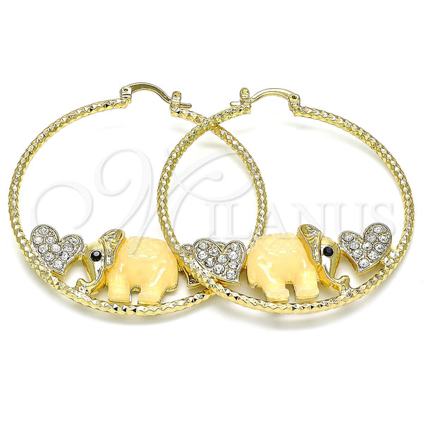 Gold Filled Hoop Earrings — Large Hoop Elephant and Heart Design with White — main product view — SKU 140215 | Oro Laminado aretes de aro — Large Hoop Elephant and corazón diseño with blanco — SKU 140215