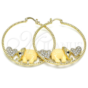 Gold Filled Hoop Earrings — Large Hoop Elephant and Heart Design with White — main product view — SKU 140215 | Oro Laminado aretes de aro — Large Hoop Elephant and corazón diseño with blanco — SKU 140215