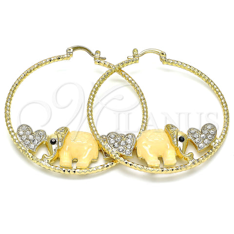 Oro Laminado Large Hoop, Gold Filled Style Elephant and Heart Design, with White and Black Crystal, Brown Resin Finish, Golden Finish, 02.380.0051.1.50