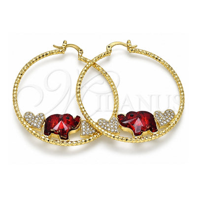 Oro Laminado Large Hoop, Gold Filled Style Elephant and Heart Design, with Garnet and White Crystal, Diamond Cutting Finish, Golden Finish, 02.380.0052.50