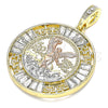 Oro Laminado Religious Pendant, Gold Filled Style Centenario Coin and Angel Design, with White Crystal, Polished, Tricolor, 05.380.0026