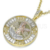 Oro Laminado Religious Pendant, Gold Filled Style Centenario Coin and Angel Design, with White Crystal, Polished, Tricolor, 05.380.0026