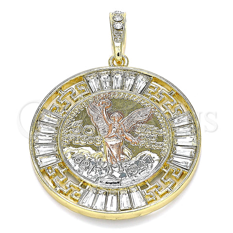 Oro Laminado Religious Pendant, Gold Filled Style Centenario Coin and Angel Design, with White Crystal, Polished, Tricolor, 05.380.0026
