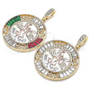Oro Laminado Religious Pendant, Gold Filled Style Centenario Coin and Angel Design, with White Crystal, Polished, Tricolor, 05.380.0026