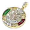 Oro Laminado Religious Pendant, Gold Filled Style Centenario Coin and Angel Design, with Garnet and Green Crystal, Polished, Tricolor, 05.380.0026.1