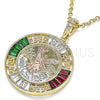 Oro Laminado Religious Pendant, Gold Filled Style Centenario Coin and Angel Design, with Garnet and Green Crystal, Polished, Tricolor, 05.380.0026.1