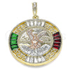 Oro Laminado Religious Pendant, Gold Filled Style Centenario Coin and Angel Design, with Garnet and Green Crystal, Polished, Tricolor, 05.380.0026.1