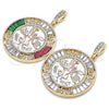 Oro Laminado Religious Pendant, Gold Filled Style Centenario Coin and Angel Design, with Garnet and Green Crystal, Polished, Tricolor, 05.380.0026.1