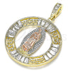 Oro Laminado Religious Pendant, Gold Filled Style Guadalupe and Greek Key Design, with White Crystal, Polished, Tricolor, 05.380.0027