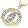 Oro Laminado Religious Pendant, Gold Filled Style Guadalupe and Greek Key Design, with White Crystal, Polished, Tricolor, 05.380.0027