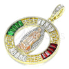Oro Laminado Religious Pendant, Gold Filled Style Guadalupe and Greek Key Design, with Garnet and Green Crystal, Polished, Tricolor, 05.380.0027.1