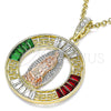 Oro Laminado Religious Pendant, Gold Filled Style Guadalupe and Greek Key Design, with Garnet and Green Crystal, Polished, Tricolor, 05.380.0027.1