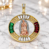 Oro Laminado Religious Pendant, Gold Filled Style Guadalupe and Greek Key Design, with Garnet and Green Crystal, Polished, Tricolor, 05.380.0027.1