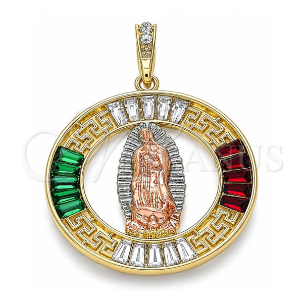 Oro Laminado Religious Pendant, Gold Filled Style Guadalupe and Greek Key Design, with Garnet and Green Crystal, Polished, Tricolor, 05.380.0027.1