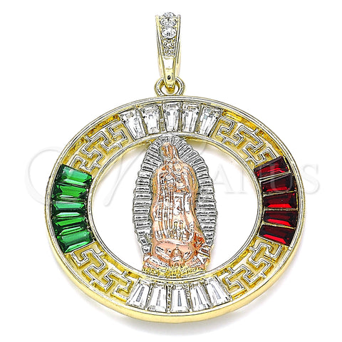 Oro Laminado Religious Pendant, Gold Filled Style Guadalupe and Greek Key Design, with Garnet and Green Crystal, Polished, Tricolor, 05.380.0027.1