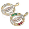 Oro Laminado Religious Pendant, Gold Filled Style Guadalupe and Greek Key Design, with Garnet and Green Crystal, Polished, Tricolor, 05.380.0027.1