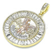 Oro Laminado Religious Pendant, Gold Filled Style Centenario Coin and Angel Design, with White Crystal, Polished, Tricolor, 05.380.0028
