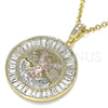 Oro Laminado Religious Pendant, Gold Filled Style Centenario Coin and Angel Design, with White Crystal, Polished, Tricolor, 05.380.0028