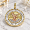 Oro Laminado Religious Pendant, Gold Filled Style Centenario Coin and Angel Design, with White Crystal, Polished, Tricolor, 05.380.0028