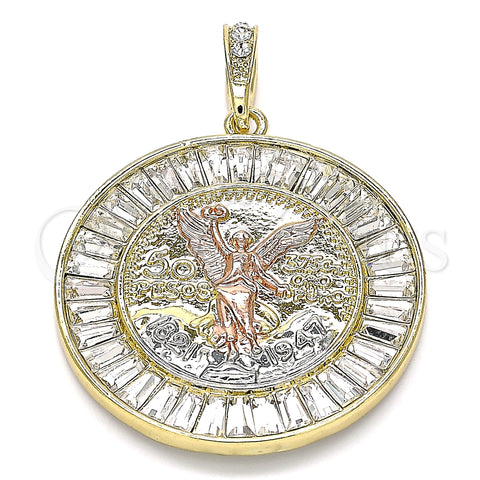 Oro Laminado Religious Pendant, Gold Filled Style Centenario Coin and Angel Design, with White Crystal, Polished, Tricolor, 05.380.0028