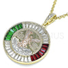 Oro Laminado Religious Pendant, Gold Filled Style Centenario Coin and Angel Design, with Multicolor Crystal, Polished, Tricolor, 05.380.0028.1