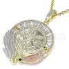 Oro Laminado Religious Pendant, Gold Filled Style Centenario Coin and Angel Design, with White and Black Crystal, Polished, Tricolor, 05.380.0029