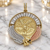 Oro Laminado Religious Pendant, Gold Filled Style Centenario Coin and Angel Design, with White and Black Crystal, Polished, Tricolor, 05.380.0029
