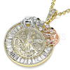 Oro Laminado Religious Pendant, Gold Filled Style Centenario Coin and Angel Design, with White and Black Crystal, Polished, Tricolor, 05.380.0030