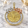 Oro Laminado Religious Pendant, Gold Filled Style Centenario Coin and Angel Design, with White and Black Crystal, Polished, Tricolor, 05.380.0030