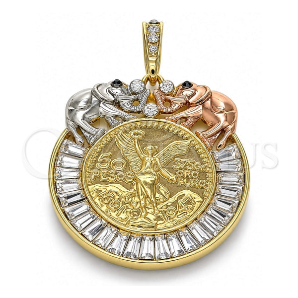 Oro Laminado Religious Pendant, Gold Filled Style Centenario Coin and Angel Design, with White and Black Crystal, Polished, Tricolor, 05.380.0030