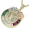 Oro Laminado Religious Pendant, Gold Filled Style Centenario Coin and Angel Design, with Multicolor Crystal, Polished, Tricolor, 05.380.0030.1