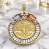 Oro Laminado Religious Pendant, Gold Filled Style Centenario Coin and Angel Design, with White and Black Crystal, Polished, Tricolor, 05.380.0031