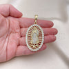 Oro Laminado Religious Pendant, Gold Filled Style Guadalupe Design, with White Crystal, Polished, Golden Finish, 05.380.0032
