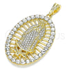 Oro Laminado Religious Pendant, Gold Filled Style Guadalupe Design, with White Crystal, Polished, Golden Finish, 05.380.0032
