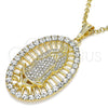 Oro Laminado Religious Pendant, Gold Filled Style Guadalupe Design, with White Crystal, Polished, Golden Finish, 05.380.0032