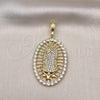 Oro Laminado Religious Pendant, Gold Filled Style Guadalupe Design, with White Crystal, Polished, Golden Finish, 05.380.0032