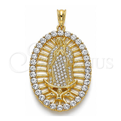 Oro Laminado Religious Pendant, Gold Filled Style Guadalupe Design, with White Crystal, Polished, Golden Finish, 05.380.0032