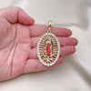 Oro Laminado Religious Pendant, Gold Filled Style Guadalupe Design, with Multicolor Crystal, Polished, Golden Finish, 05.380.0032.1