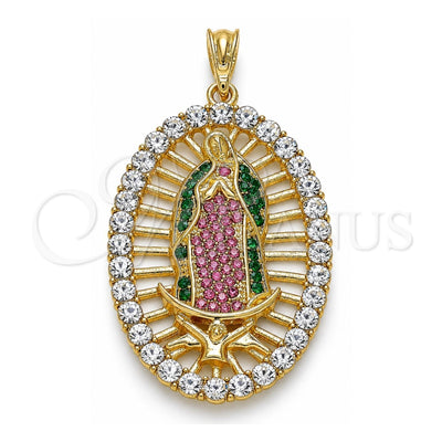 Oro Laminado Religious Pendant, Gold Filled Style Guadalupe Design, with Multicolor Crystal, Polished, Golden Finish, 05.380.0032.1