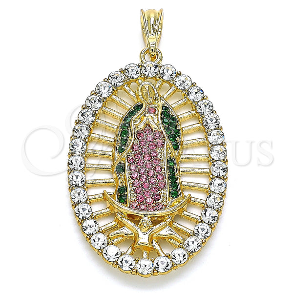 Gold Filled Pendant — Religious Pendant Guadalupe Design with Multicolor Crystal Polished — main product view — SKU 140233 | Oro Laminado dije — Religious Pendant Guadalupe diseño with Multicolor cristal pulido — SKU 140233