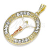 Oro Laminado Religious Pendant, Gold Filled Style Jesus and Greek Key Design, with White Crystal, Polished, Tricolor, 05.380.0034