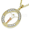 Oro Laminado Religious Pendant, Gold Filled Style Jesus and Greek Key Design, with White Crystal, Polished, Tricolor, 05.380.0034