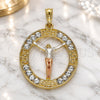 Oro Laminado Religious Pendant, Gold Filled Style Jesus and Greek Key Design, with White Crystal, Polished, Tricolor, 05.380.0034