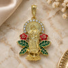 Oro Laminado Religious Pendant, Gold Filled Style Guadalupe and Flower Design, with White Crystal, Multicolor Enamel Finish, Golden Finish, 05.380.0037