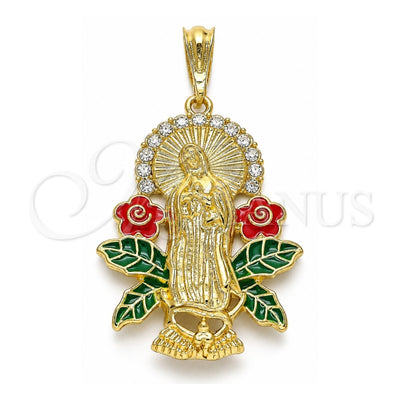 Oro Laminado Religious Pendant, Gold Filled Style Guadalupe and Flower Design, with White Crystal, Multicolor Enamel Finish, Golden Finish, 05.380.0037