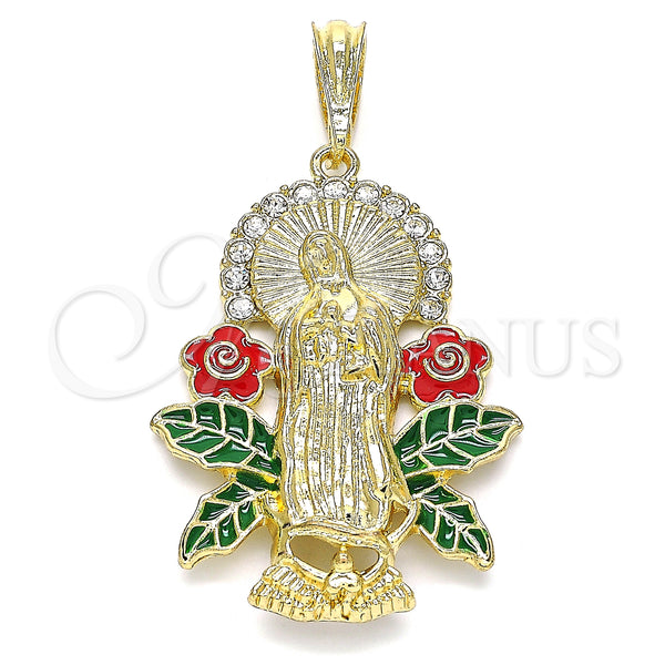 Gold Filled Pendant — Religious Pendant Guadalupe and Flower Design with White — main product view — SKU 140242 | Oro Laminado dije — Religious Pendant Guadalupe and flor diseño with blanco — SKU 140242